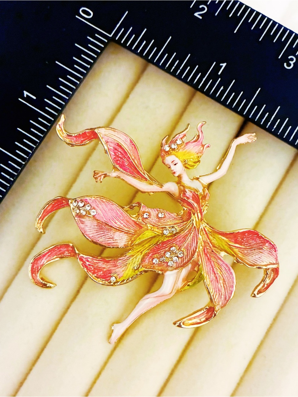 Pink Enamel Fairy Brooch Pin Gold Tone Dancing Pixie Angel Rhinestone